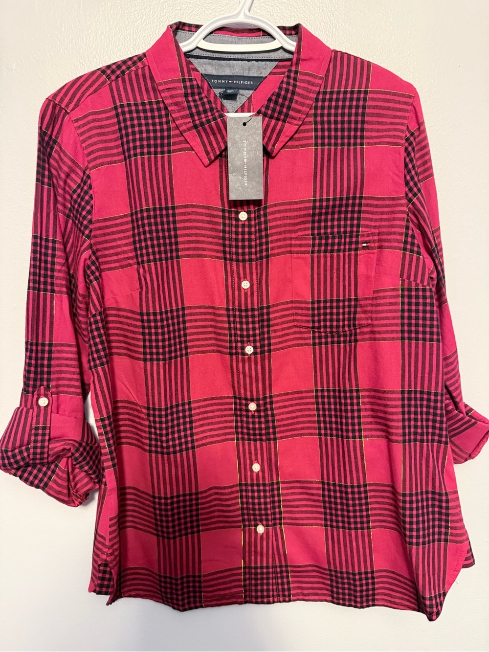 Tommy Hilfiger Plaid Button Down Shirt Women’s Large NWT Red Black Gold